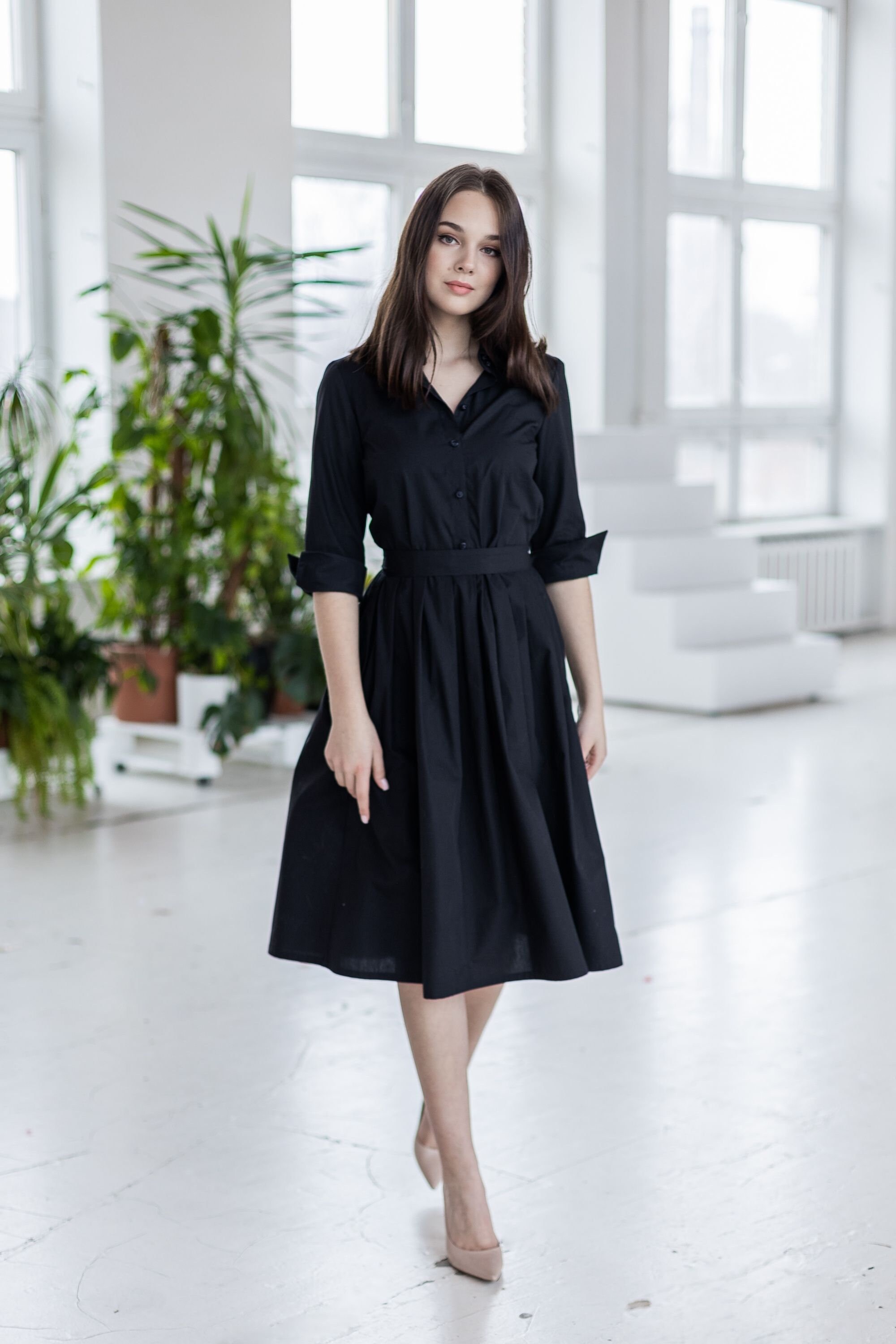 Black Cotton Dress, Black Shirt Dress, Collar Dress, Plus Size Clothing, Dress With Pockets, Women Midi Dress, Fit And Flare Dress Black Cotton Dress, Black Shirt Dress, Collar Dress, Plus Size Clothing, Dress With Pockets, Women Midi Dress, Fit And Flare Dress