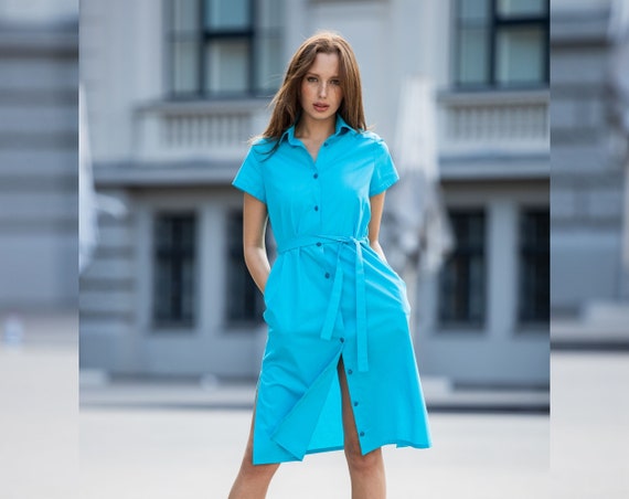 belted teal and black shirt dress Turquoise Blue Organic Cotton Midi With Belt Pockets, Plus Size Short Sleeve Collared Office Dress, XS-5XL Long Sleeve Layered Shirt A relaxed womens-dress-skirt-length_Mid-Length Color:Strawberry