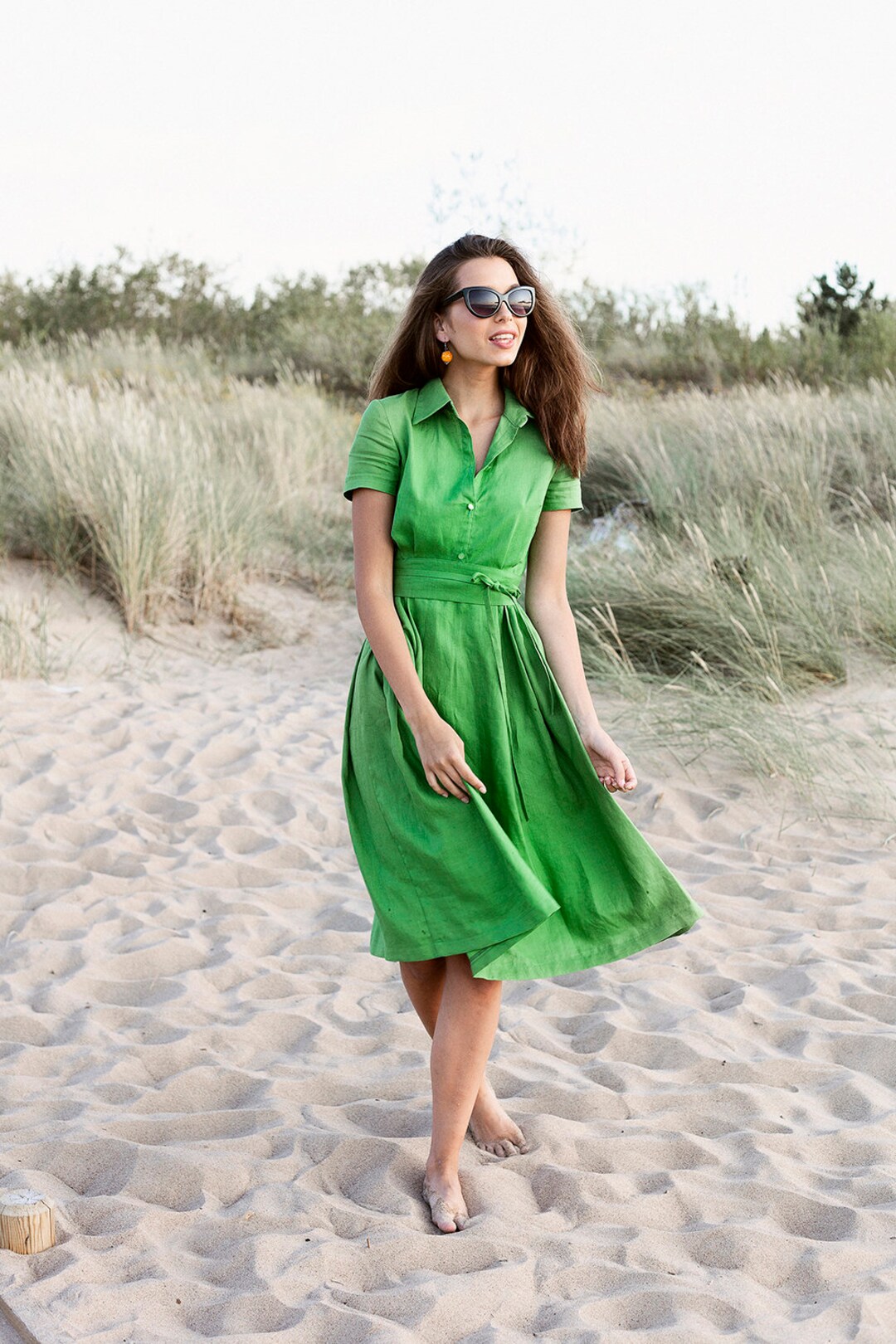 green shirt dress Linen With Collar and Belt, Plus Size Short Sleeve Fit and Flare Midi Dress, XS-5XL GL-11.07.25