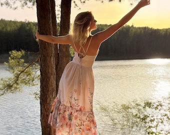 Floral Cotton Midi Dress, Ruffle Hem, Tie-Back Straps, Pockets, Garden Party Wedding Guest