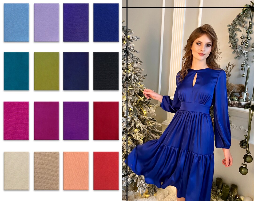 Royal Blue Dress, Midi Dress, Holiday Party Dress, Satin Winter Dress ...