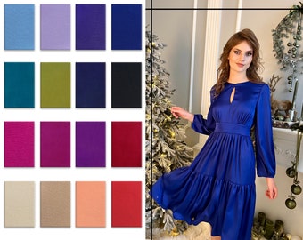 Royal Blue Dress, Midi Dress, Holiday Party Dress, Satin Winter Dress, Tea Length Dress, Hanukkah Dress, Holiday Photography Dress, Gift