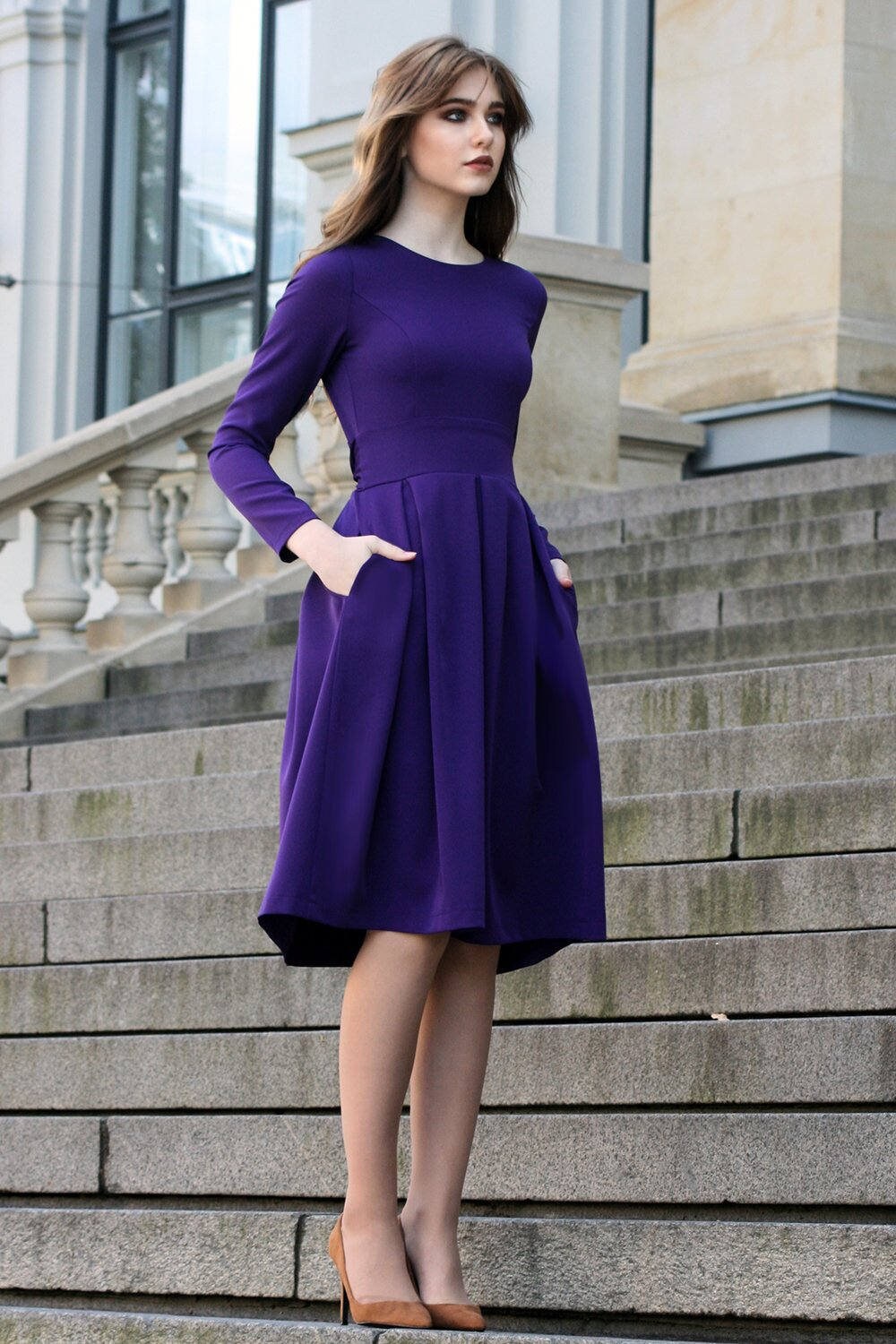 long sleeve purple cocktail dress
