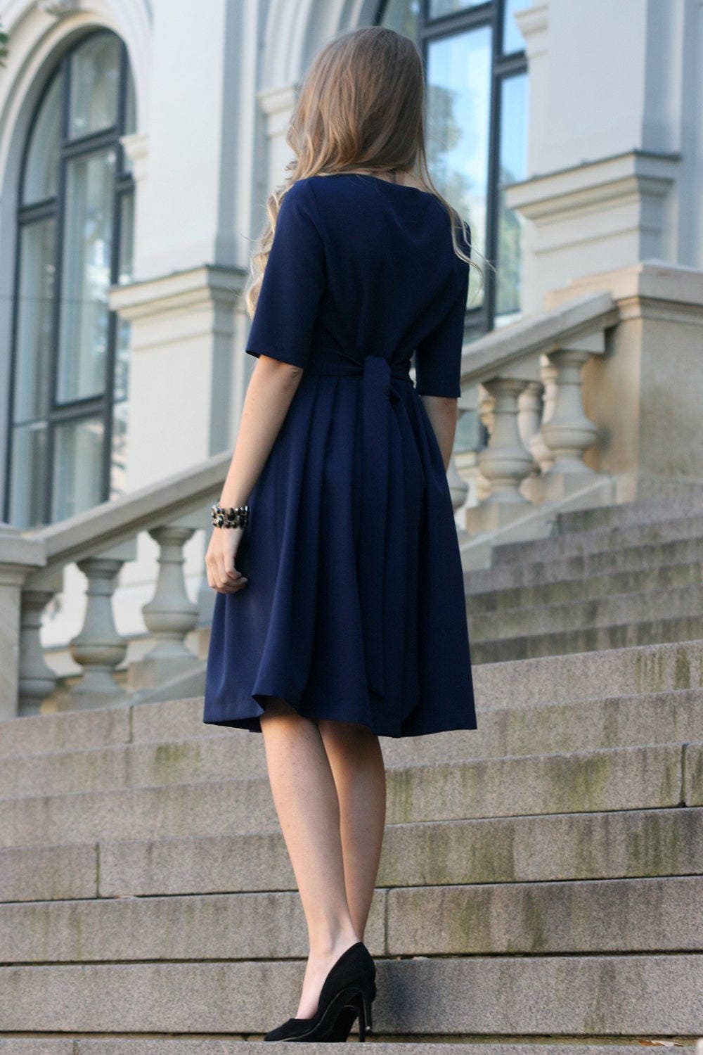 Navy Blue Dress, Wedding Guest Dress, Formal Midi Dress, Office