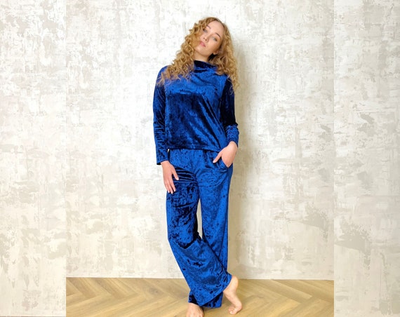 Blue Velvet Pants, Cozy Winter Loungewear, Luxury Velvet Clothing, Velvet Home  Wear, Velvet Trousers, Plus Size Clothing, Holiday Gift Women 