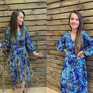 Chiffon Midi Dress, Long Sleeve Dress, Knee Lenght Dress, Blue Midi Dress, Coctail Dress, Boho Dress, Evening Dress, Plus Size Dress