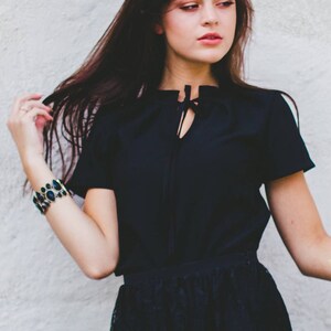 Women Blouse, Black Top, Women Tshirt, Plus Size Clothing, Ribbon Blouse, Sexy Summer Top, Short Sleeved Top, Boho Maxi Top, Cocktail Top