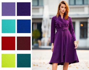 Robe chemise violette, Robe chemise pour femme, Robe d'automne, Vêtements grande taille, Robe à manches longues, Robe chemise midi, Robe chemise grande taille, Guntina