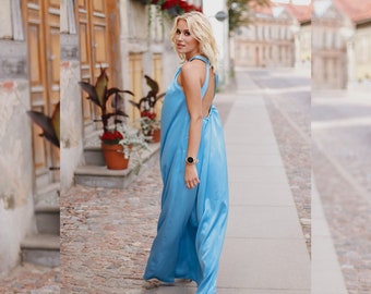 Blue Azure Satin Maxi Dress with Open Back, Sleeveless Loose Formal Gown, Plus Size Wedding Guest Dress, Summer Evening Dress, XS-5XL