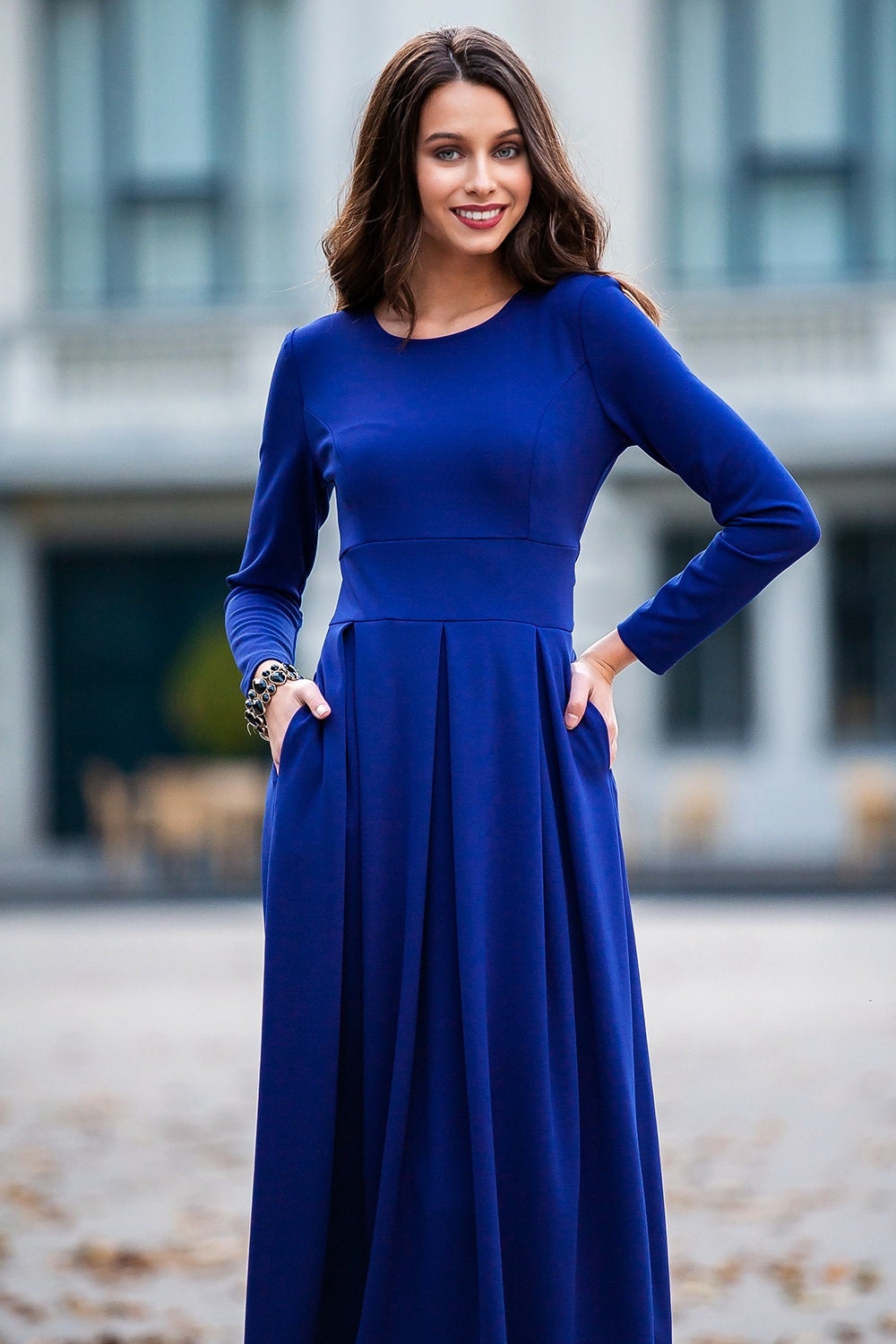 Royal Blue Dress Winter Midi Dress Long Sleeve Dress Plus Etsy
