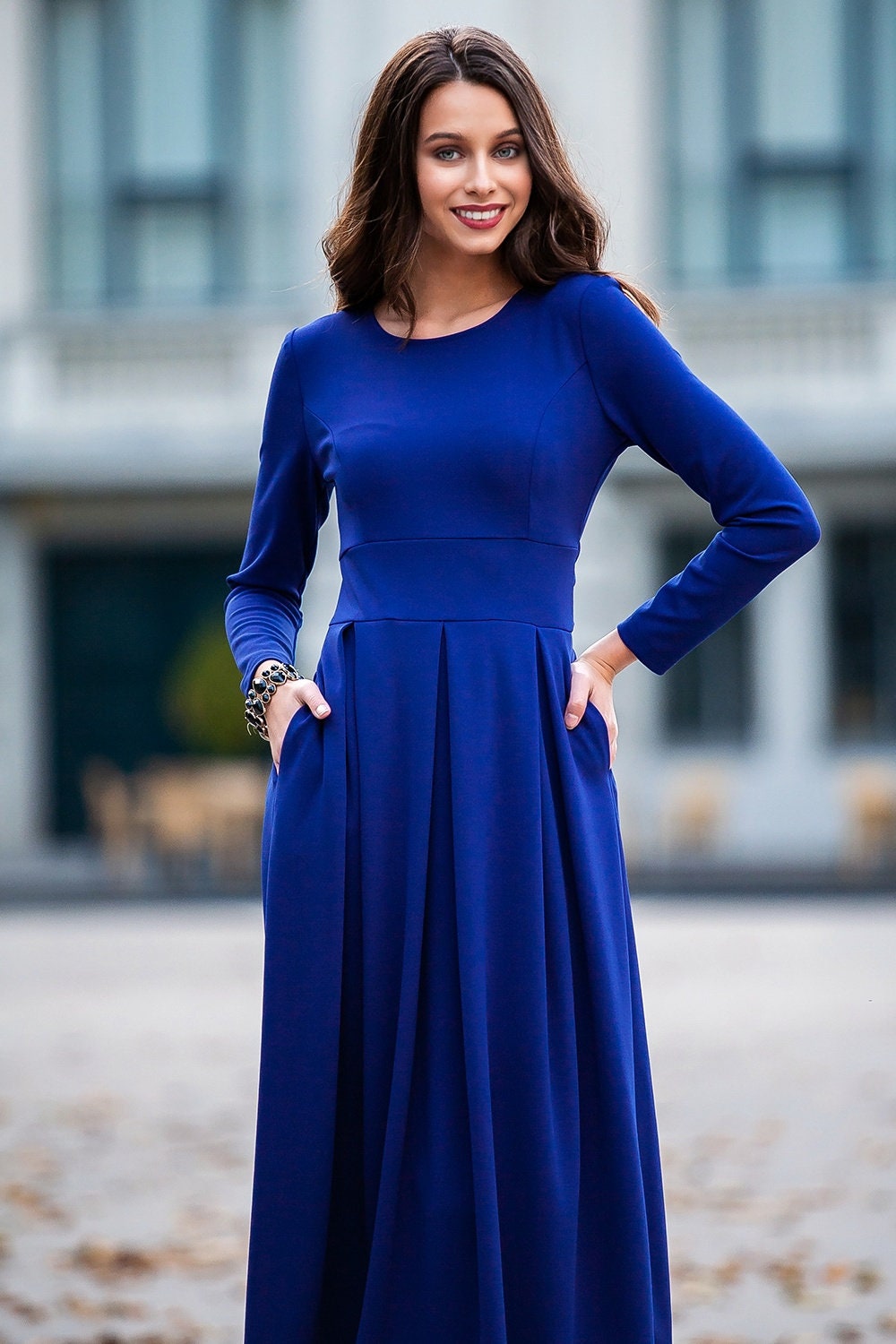 Royal Blue Dress Winter Midi Dress Long Sleeve Dress Plus | Etsy