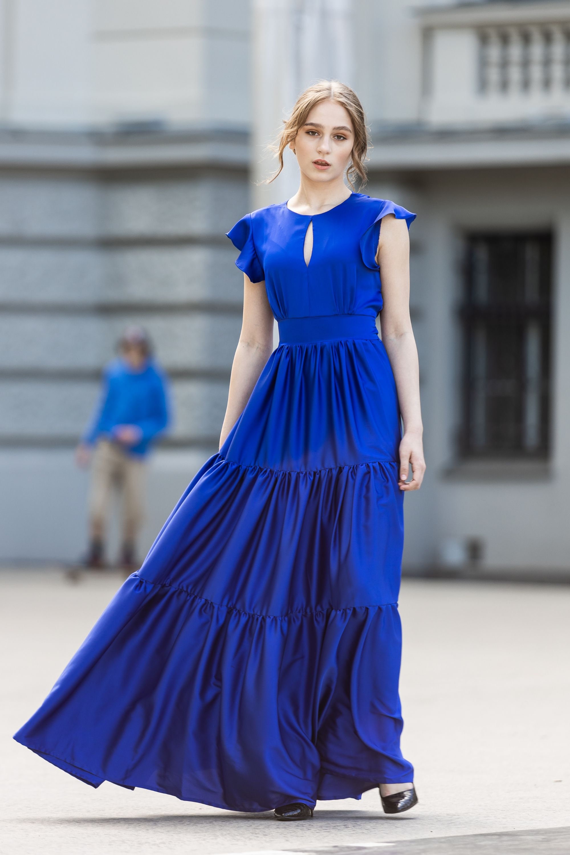 Tiered Blue Maxi Dress, Women Keyhole Dress, Floor Length Dress Tiered Blue Maxi Dress, Women Keyhole Dress, Floor Length Dress