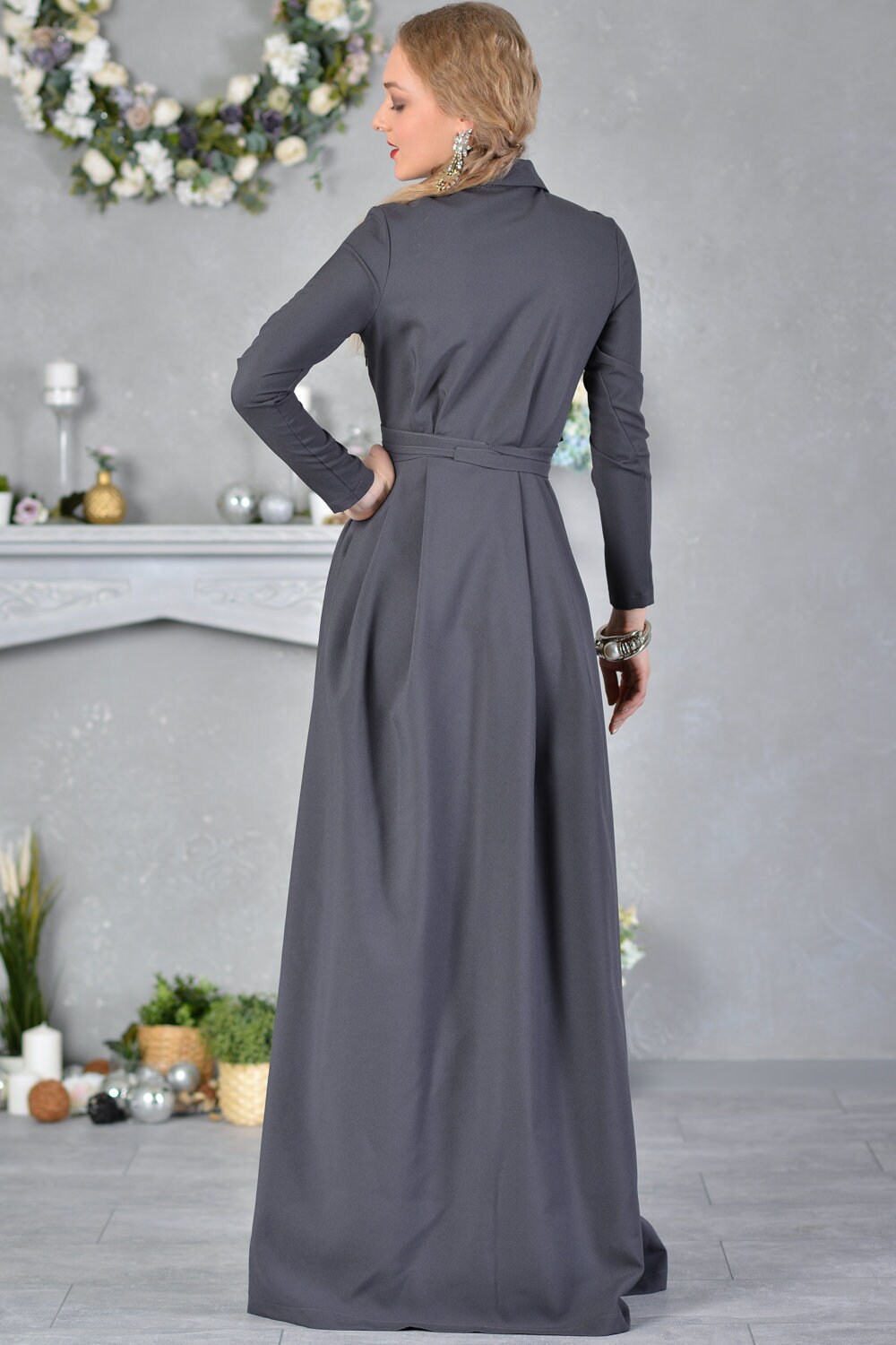 Grey Maxi Dress, Shirt Dress, Belt Dress, Plus Size Clothing, Long Sleeve Dress, Flare Dress, Floor Length Dress, Women Winter Dress