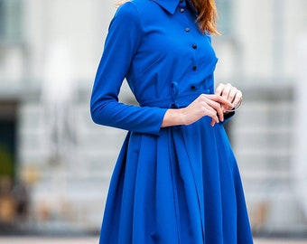 Royal Blue Dress, Elegant Shirt Dress, Long Sleeve Dress, Midi