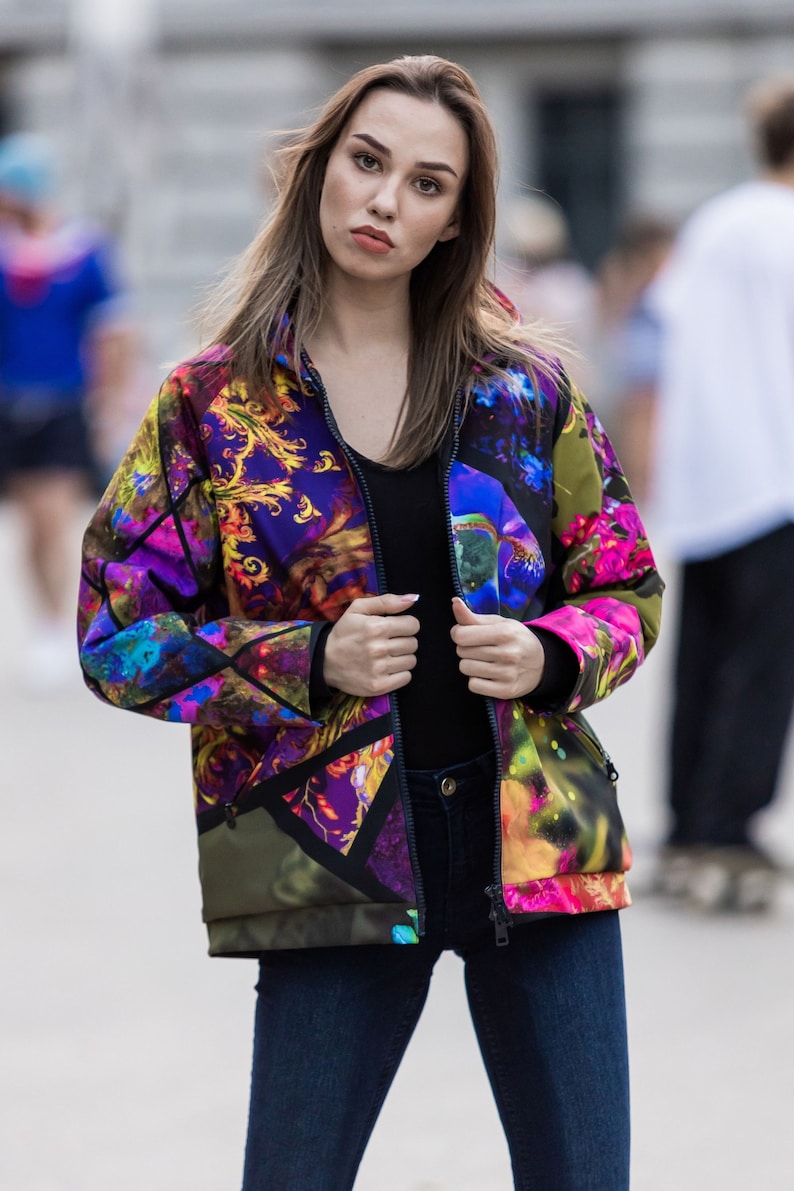 Colourful Rain Jacket, Windproof Jacket, Sportwear, Women Raincoat, Outerwear, Abstract Jacket, Printed Jacket, Plus Size Clothing, Guntina image 2