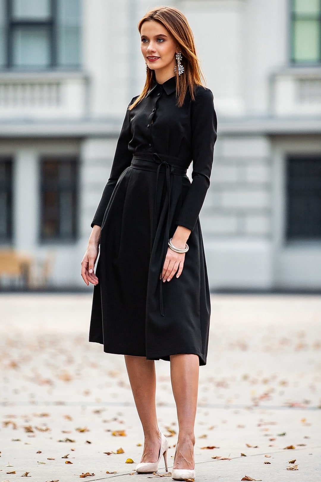 black shirt dress women Midi With Stand up Collar and Pockets, Plus Size Long Sleeve Button Front Belted Dress, XS-5XL Belted Usage:Personal use at home - up to 5 copies YGroup_14741780103533 StyleCeltic on LTK 31% Nylon