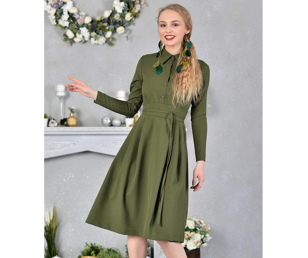 Plus Size Dress, Women Shirt Dress, Knee Length Dress, Green Midi Dress