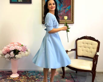 Light Blue Midi Dress: Flared Skirt Wedding Guest Dress