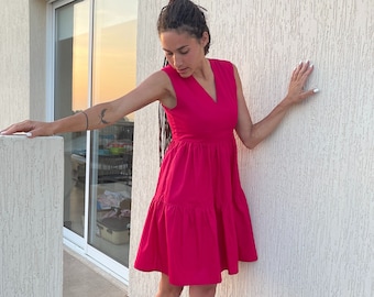 Pink Organic Cotton Mini Dress with Pockets, Tiered Ruffle Summer Dress, Sleeveless V-Neck Boho Sundress, Plus Size Cotton Dress, XS-5XL