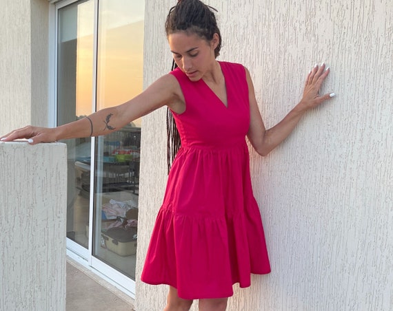 Pink Tiered Dress, Short Cotton, Ruffle Mini Dress, Plus Size Clothing, Summer Flare Dress, Bohemian Dress, V Neck Dress, Women Clothing Pink Tiered Dress, Short Cotton, Ruffle Mini Dress, Plus Size Clothing, Summer Flare Dress, Bohemian Dress, V Neck Dress, Women Clothing
