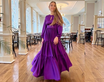Women Keyhole Dress, Violet Maxi Dress, Tiered Floor Length Dress, Evening Gown, Wedding Guest Dress, Bridesmaid Dress,Plus Size Purple Dres