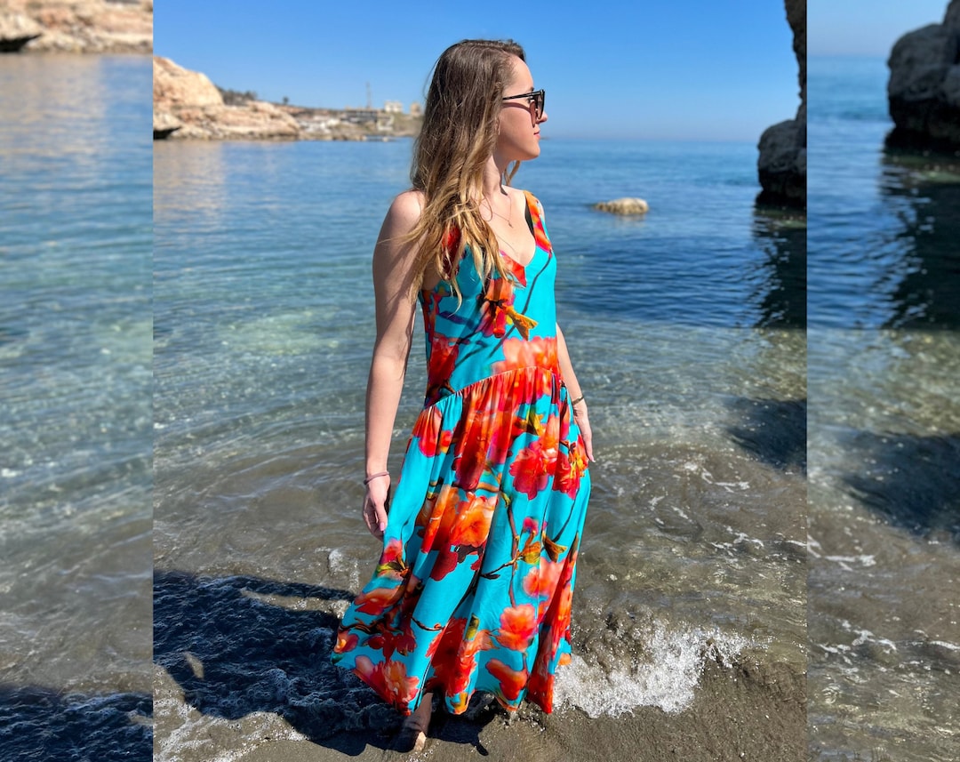 Bloemen maxi jurk, zomer feestjurk, cocktailjurk, turquoise jurk