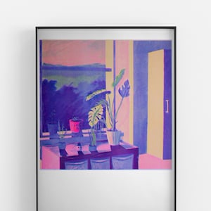 Looking Outside Riso Print - Risograph Printed artwork of an interior scene with plants