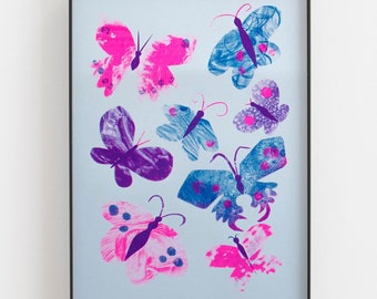 Butterflies - A4 riso print, blue, purple and pink risograph