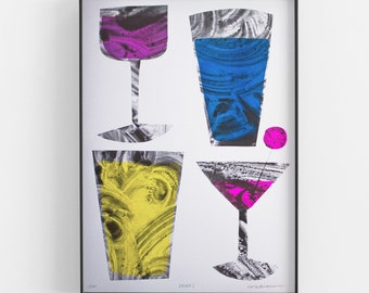 Drinks Riso Print - Risograph Printed artwork of wine, cocktail, gin, water, beer, in pink, yellow, and blue