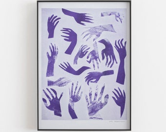 Riso Print - Purple Risograph of hands, A4