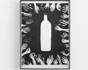 Riso Print -  Black and white bottle with hands.