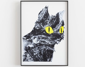 Cat Print - Risograph in black and yellow