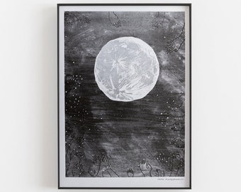 Moon Riso Print - Risograph Printed artwork of the night sky with constellations, black