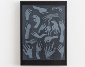 Riso Print - Risograph Printed hands in grey, on black paper