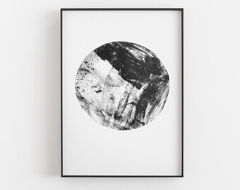 Abstract Circle Riso Print - Black and white planet circle with painted texture