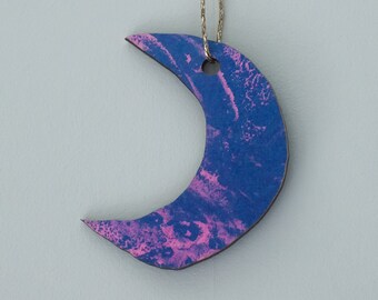 Moon Decoration - Riso printed wooden hanging festive celestial decorations, pink, blue, purple