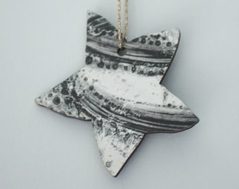 Star Decoration - Riso printed wooden hanging festive celestial decorations, black and white