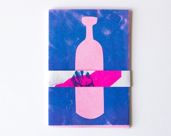 Risograph art zine, 'Bottles' - Fluorescent Pink and Blue illustrated A6 fanzine.
