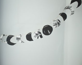 Moon Phase Paper Garland - Bunting celestial string decor for wall, black & white