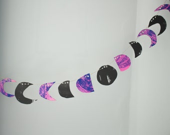 Moon Phase Paper Garland - Bunting celestial string decor for wall, pink & purple