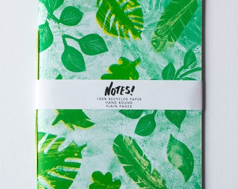 Garden Notebook - Recycled, Hand Bound blank note book, Risograph Printed cover in bright green with leaves