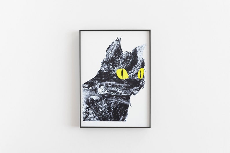 Cat Print Risograph in black and yellow image 1