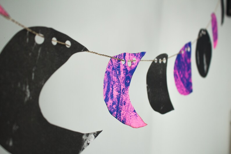 Moon Phase Paper Garland Bunting celestial string decor for wall, pink & purple image 5