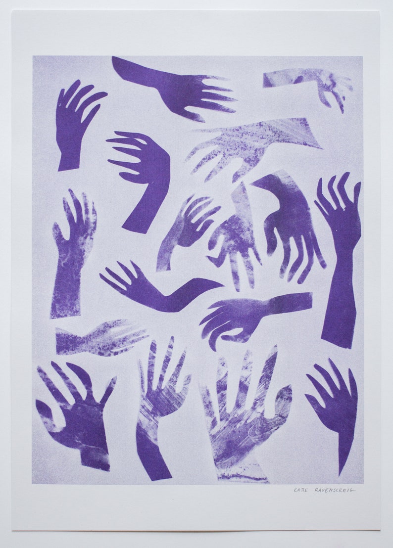 Riso Print Purple Risograph of hands, A4 image 2