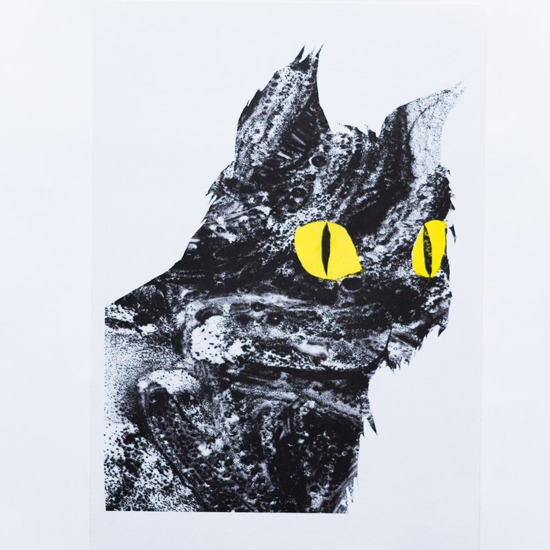 Cat Print Risograph in black and yellow image 2