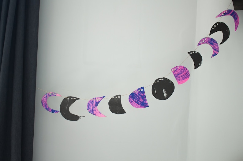 Moon Phase Paper Garland Bunting celestial string decor for wall, pink & purple image 1