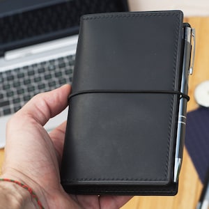 Genuine leather personalized black pocket journal cover Field Notes travelers journal refillable notebook Moleskine  double passport holder