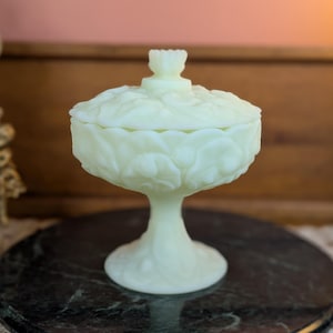 Fenton Water Lily Custard Satin Uranium Glass Pedestal Compote Candy Dish with Lid
