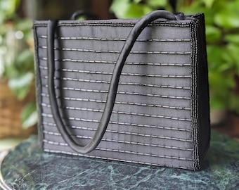 Black Satin Evening Bag With Black Beads Vintage