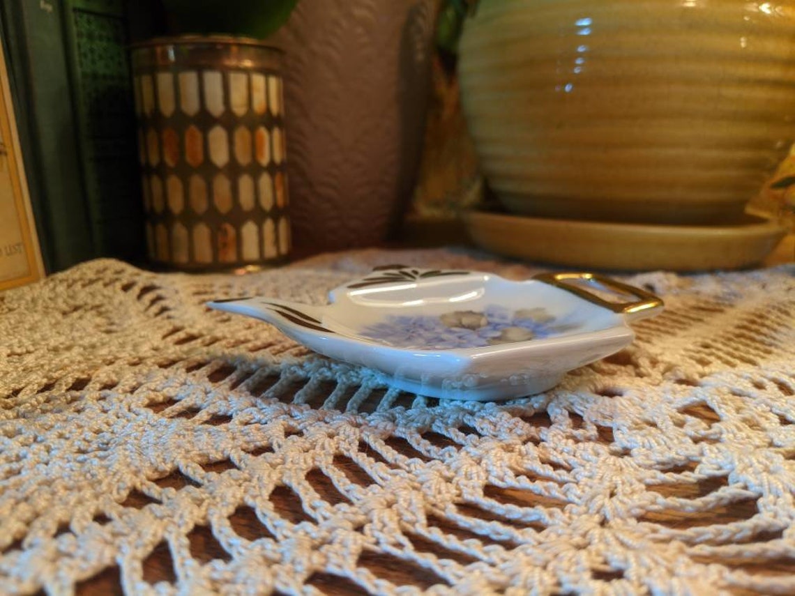 Ceramic Floral Tea Bag Plate With Gold Accents Teapot Shape Etsy